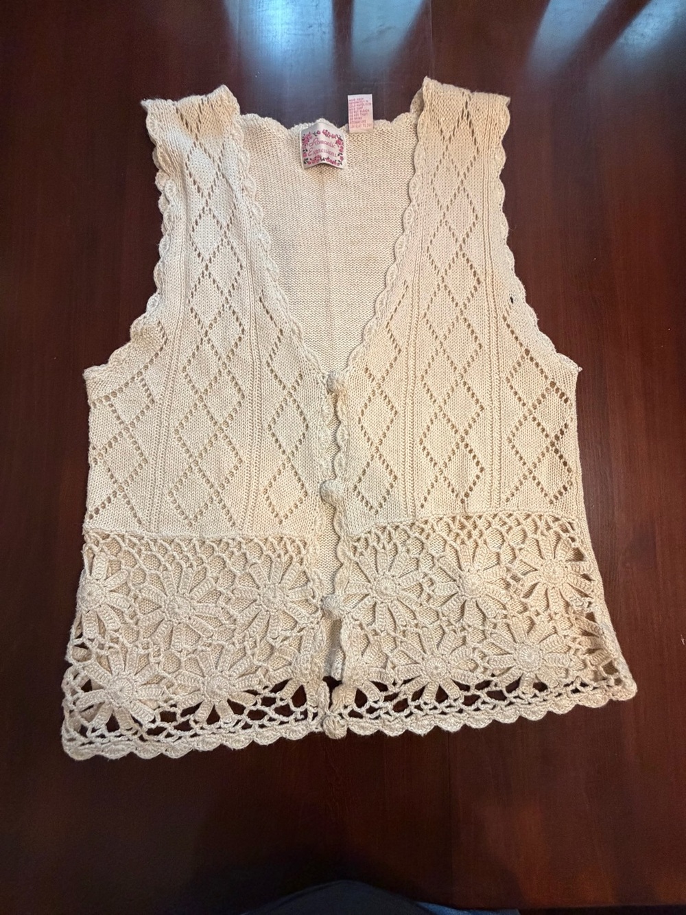 Vintage 90s Romantic Expression Cream Crochet Floral Knit Vest